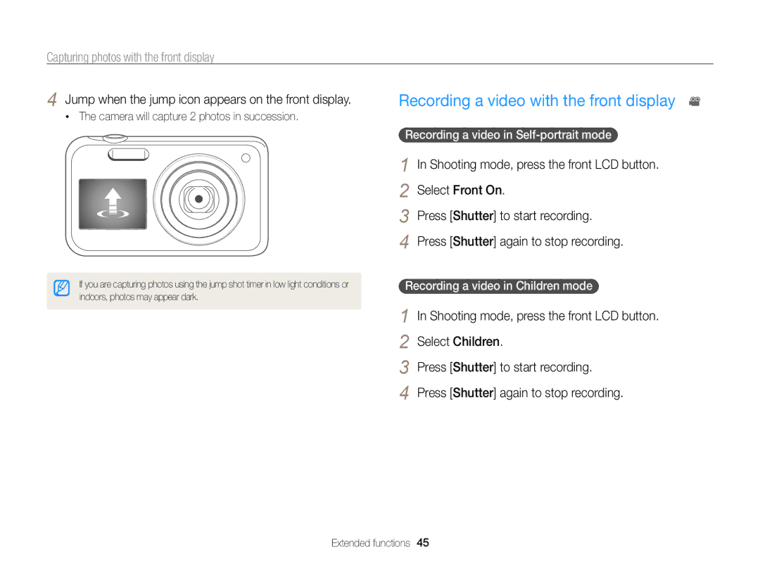 Samsung PL121, PL120 Recording a video with the front display, Jump when the jump icon appears on the front display 