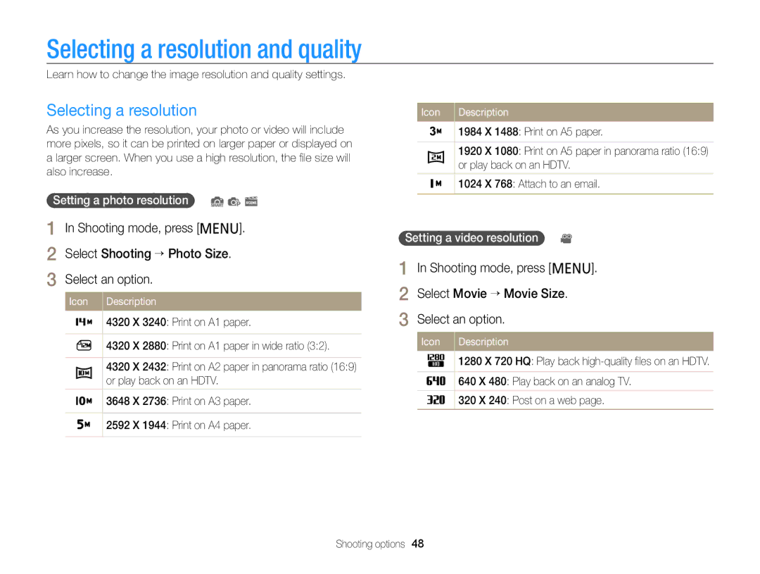 Samsung PL120, PL121 user manual Selecting a resolution and quality, Setting a photo resolution S p s 