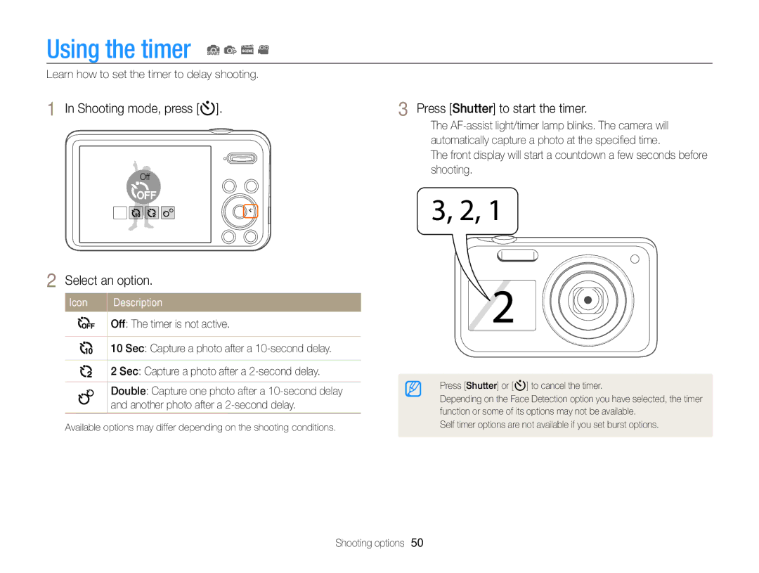 Samsung PL120, PL121 user manual Using the timer S p s, Shooting mode, press t, Press Shutter to start the timer 