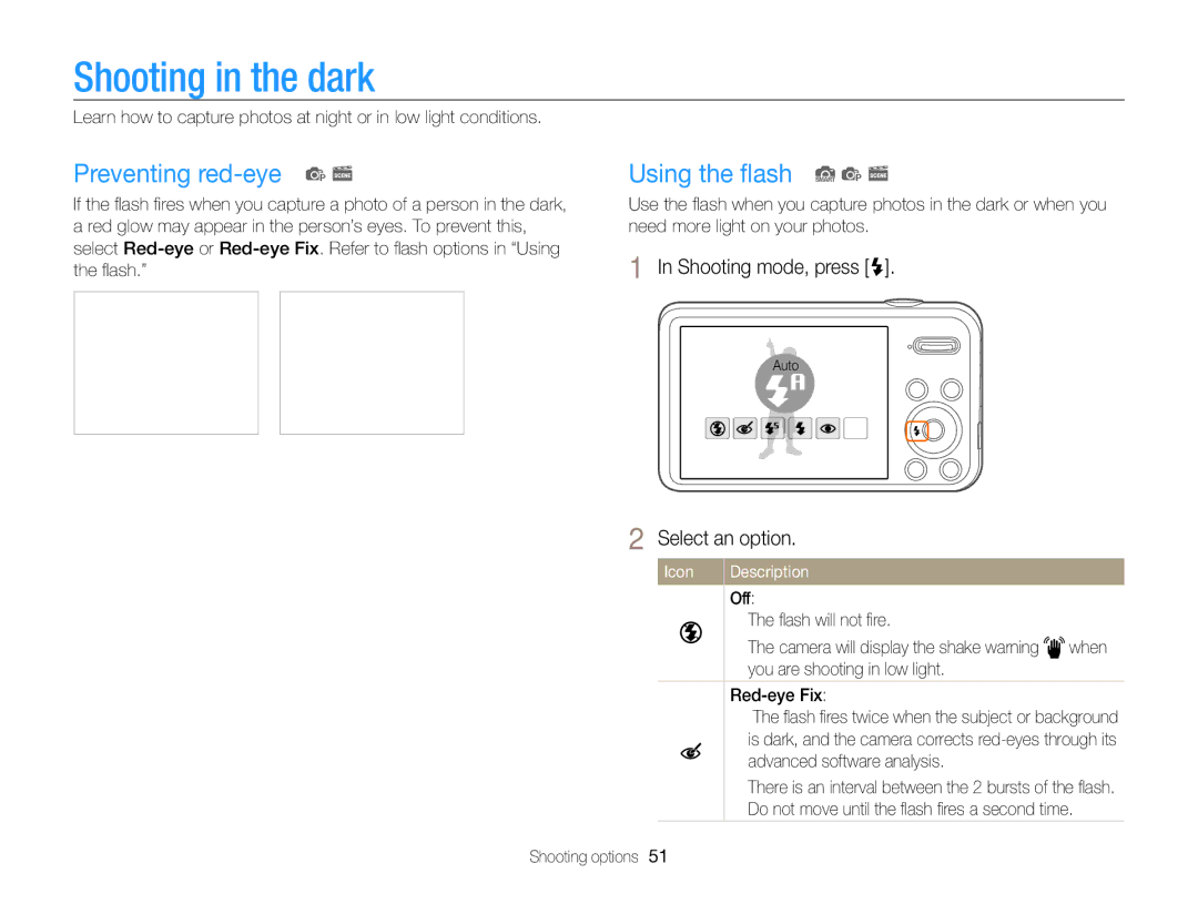 Samsung PL121, PL120 user manual Shooting in the dark, Preventing red-eye p s, Using the ﬂash S p s, Shooting mode, press F 