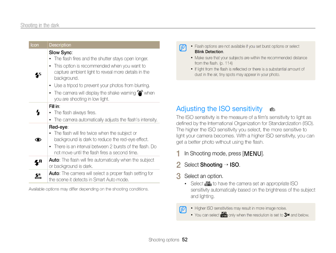 Samsung PL120, PL121 user manual Adjusting the ISO sensitivity p, Shooting in the dark 