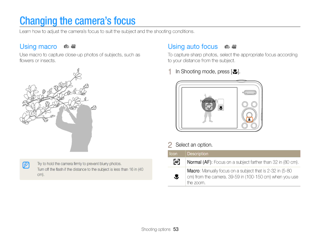 Samsung PL121, PL120 user manual Changing the camera’s focus, Using macro p Using auto focus p, Shooting mode, press c, Zoom 