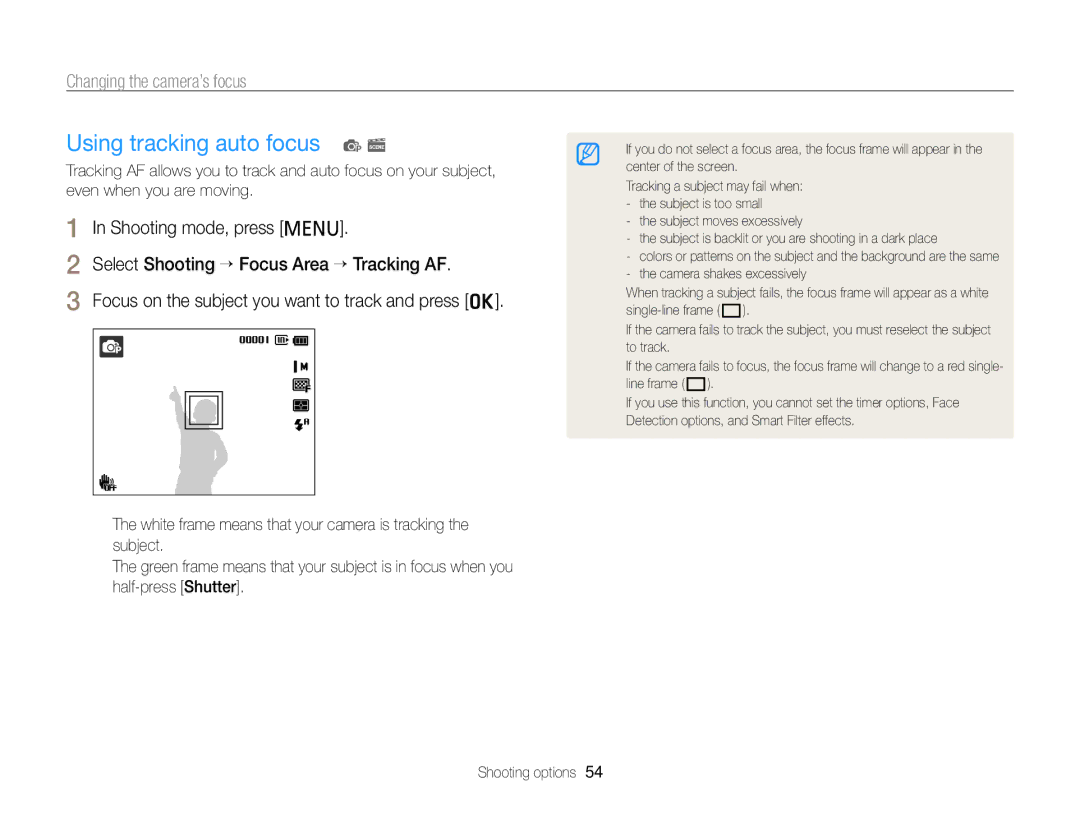 Samsung PL120, PL121 user manual Using tracking auto focus p s, Changing the camera’s focus 