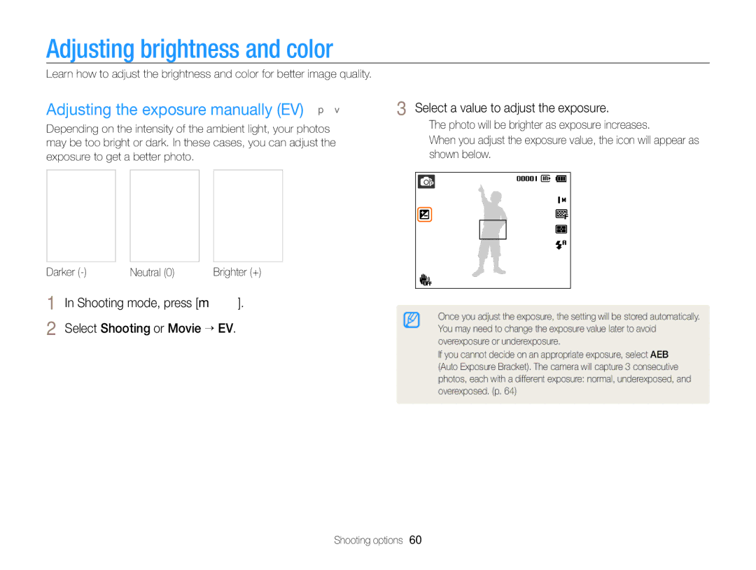 Samsung PL120 Adjusting brightness and color, Adjusting the exposure manually EV p, Select a value to adjust the exposure 