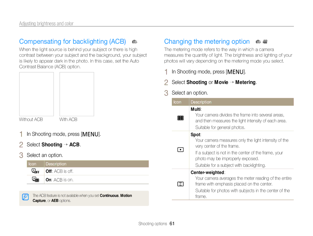 Samsung PL121, PL120 Compensating for backlighting ACB p, Changing the metering option p, Adjusting brightness and color 