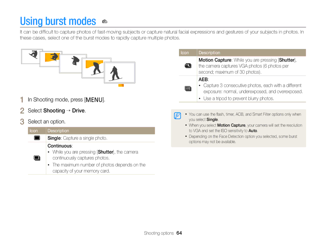 Samsung PL120, PL121 user manual Using burst modes p, Second maximum of 30 photos, Use a tripod to prevent blurry photos 