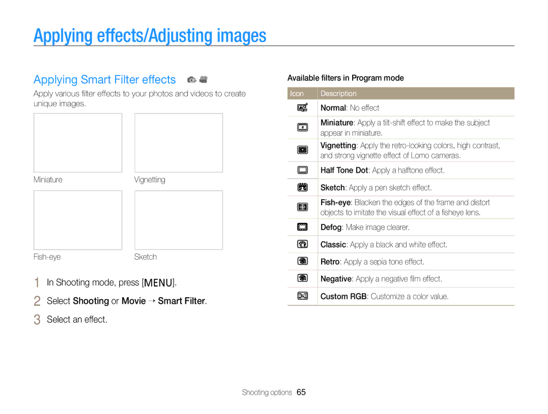 Samsung PL121, PL120 user manual Applying effects/Adjusting images, Applying Smart Filter effects p 