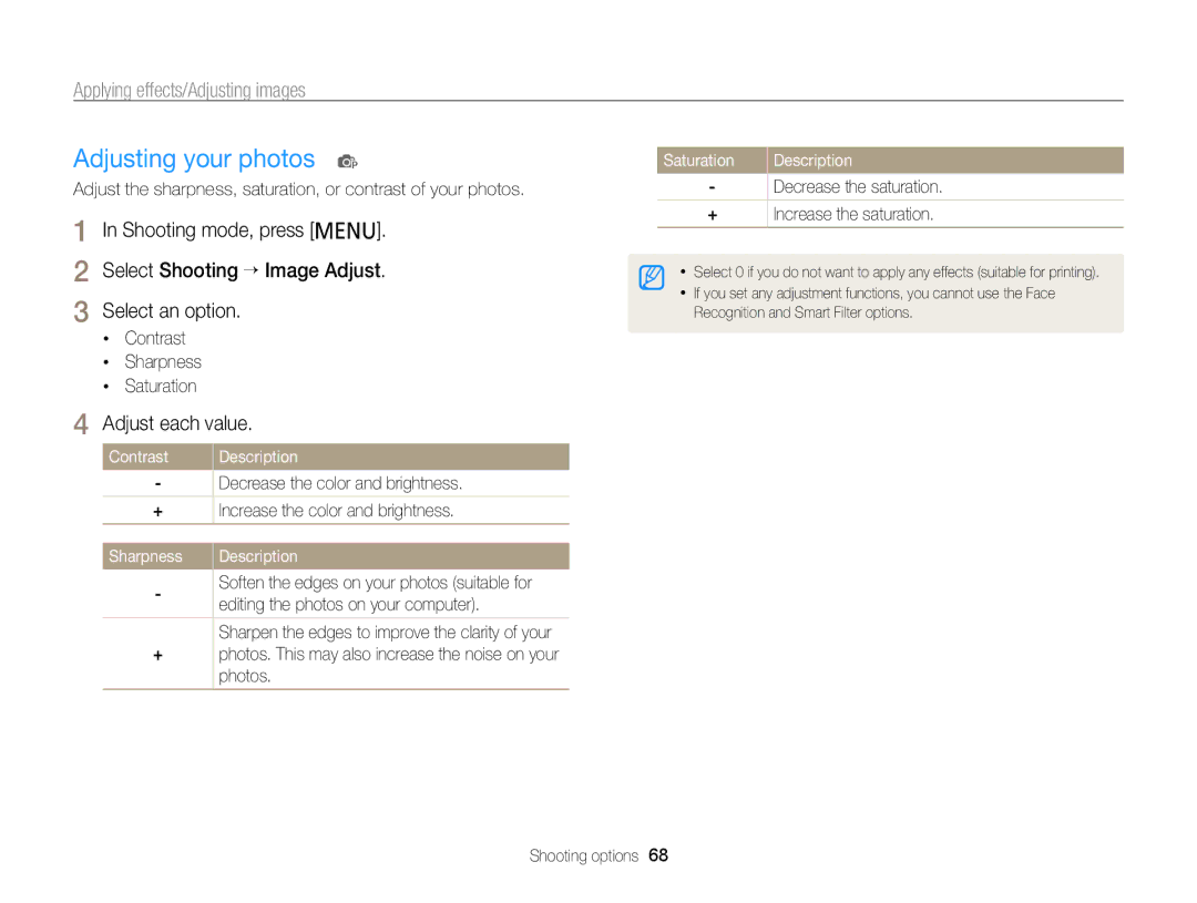 Samsung PL120, PL121 user manual Adjusting your photos p, Adjust each value, Contrast Sharpness Saturation 