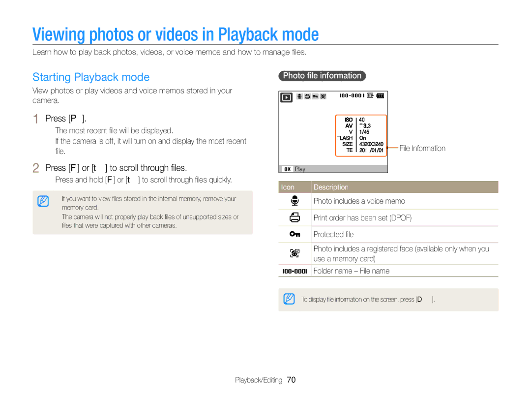 Samsung PL120, PL121 Viewing photos or videos in Playback mode, Starting Playback mode, Press P, Photo ﬁle information 