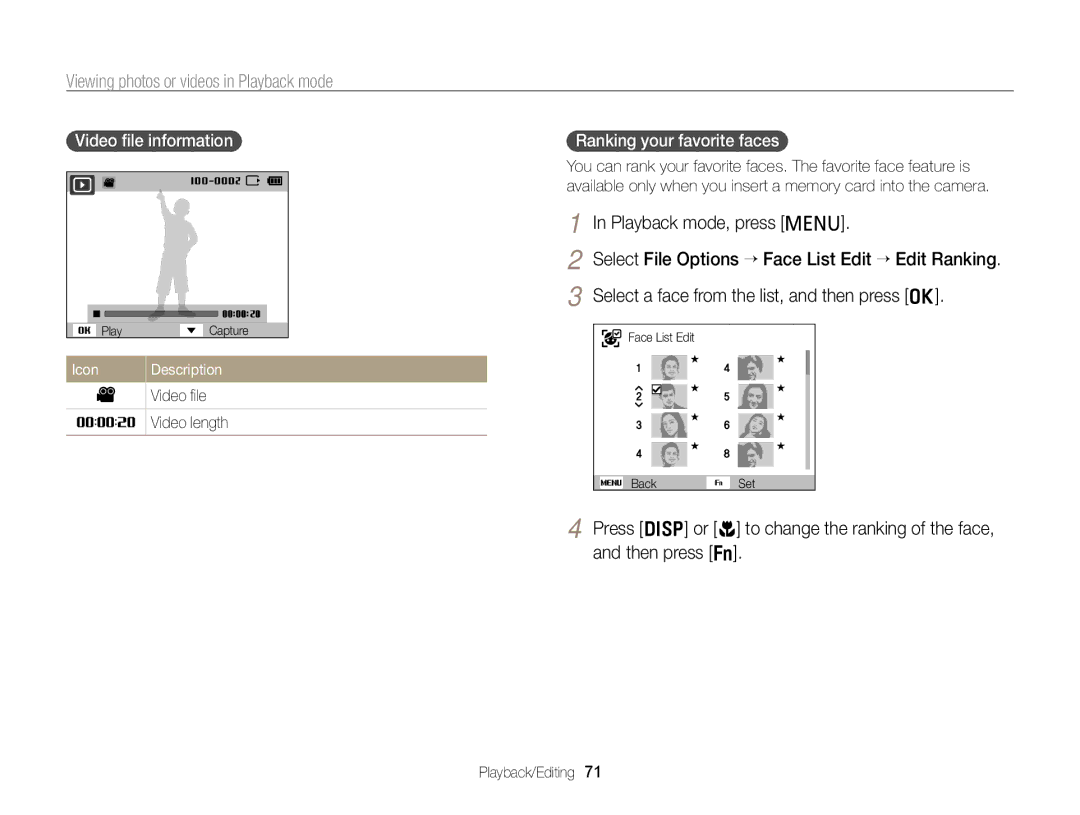 Samsung PL121, PL120 Viewing photos or videos in Playback mode, Video ﬁle information, Ranking your favorite faces 