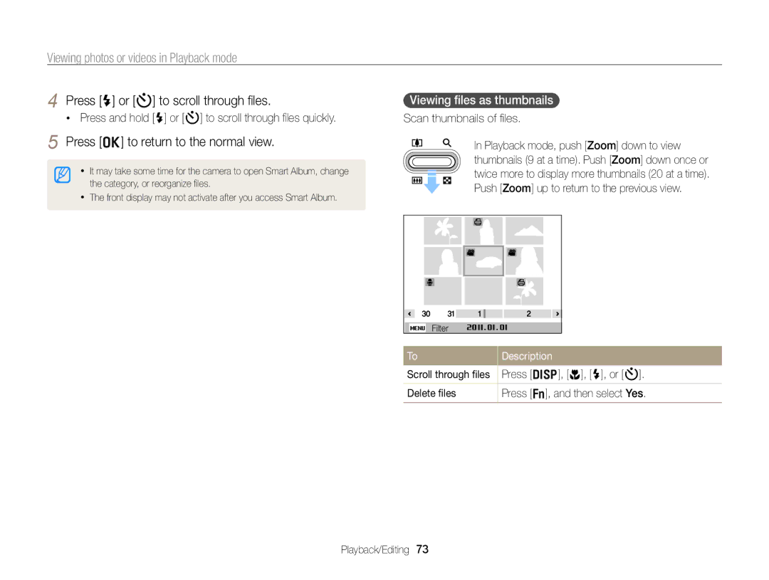 Samsung PL121, PL120 user manual Press o to return to the normal view, Viewing ﬁles as thumbnails, ToDescription 