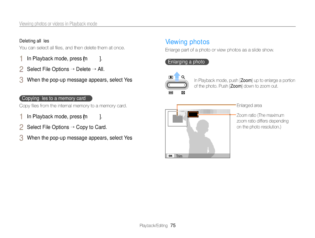 Samsung PL121, PL120 user manual Viewing photos, Copying ﬁles to a memory card, Enlarging a photo 