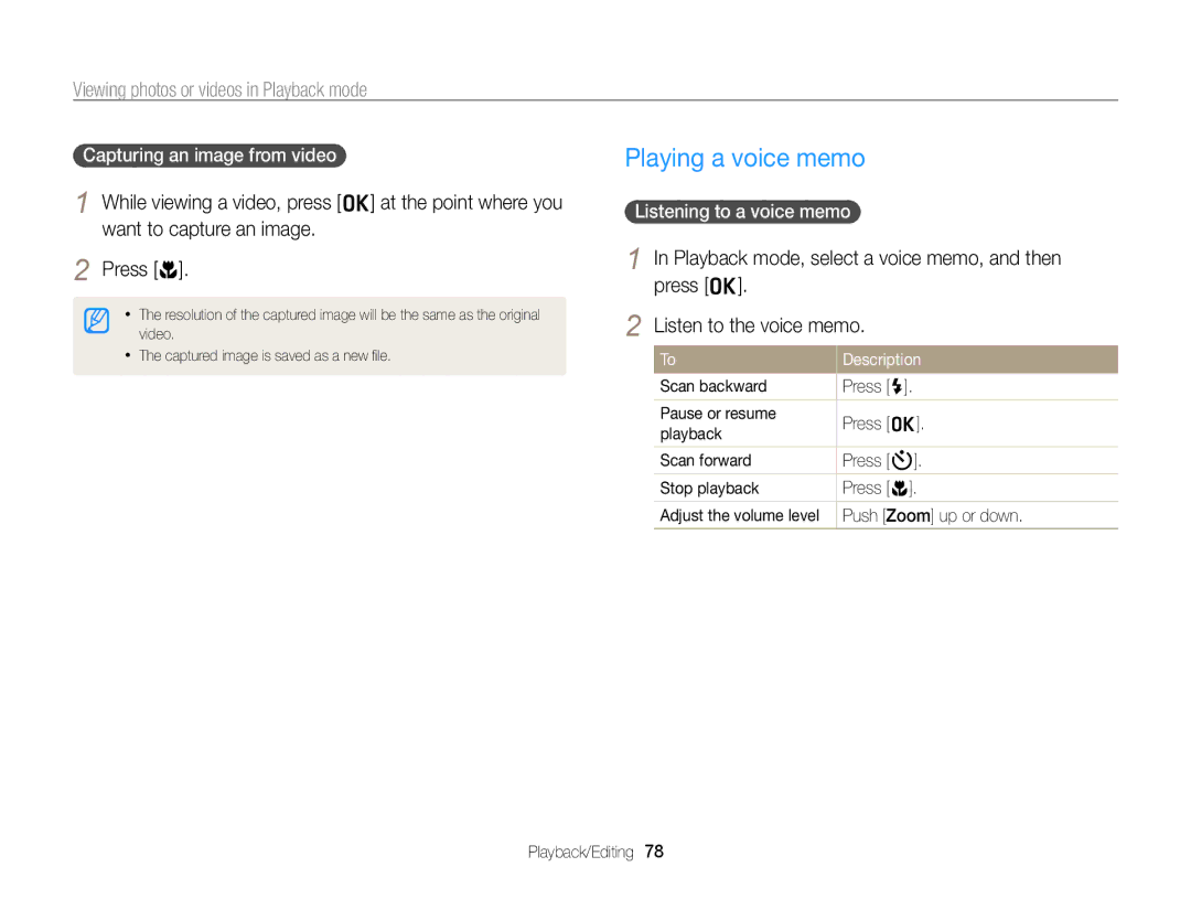 Samsung PL120, PL121 user manual Press c, Capturing an image from video, Listening to a voice memo 