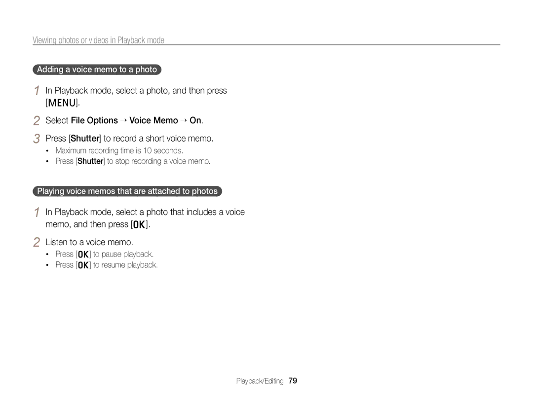 Samsung PL121, PL120 user manual Adding a voice memo to a photo, Playing voice memos that are attached to photos 