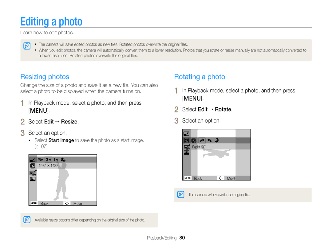 Samsung PL120 Editing a photo, Resizing photos, Rotating a photo, Select Start Image to save the photo as a start image. p 