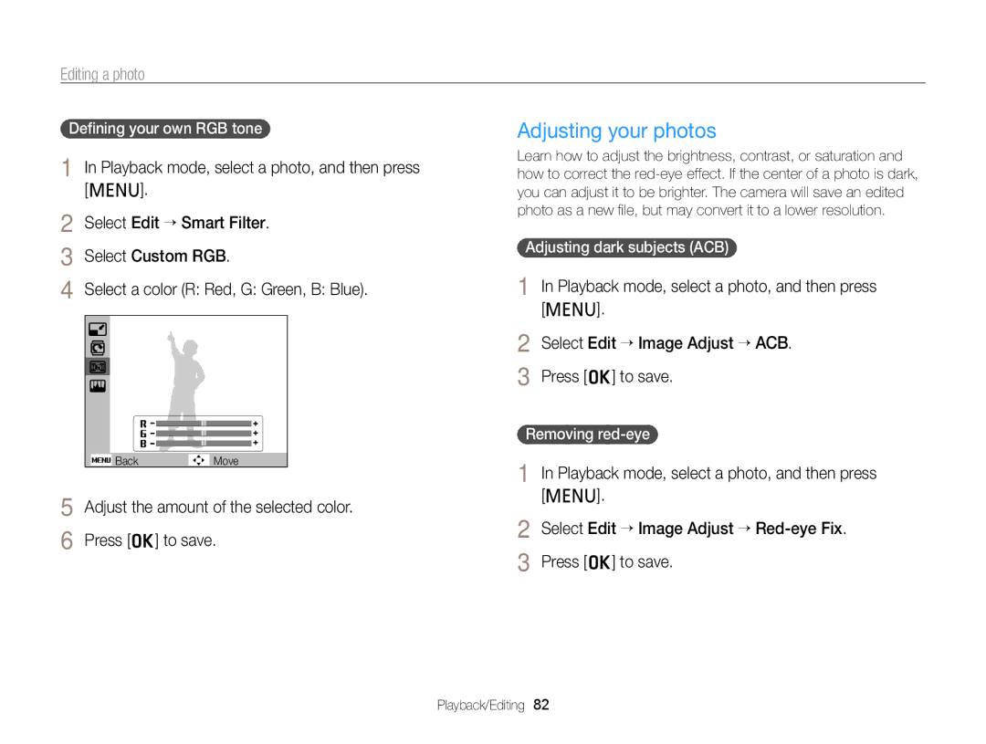 Samsung PL120 Adjusting your photos, Adjust the amount of the selected color Press o to save, Adjusting dark subjects ACB 