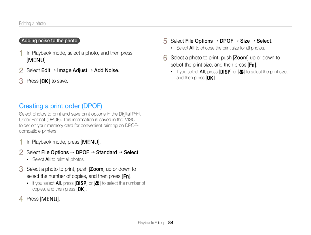 Samsung PL120 Creating a print order Dpof, Press m Select File Options “ Dpof “ Size “ Select, Adding noise to the photo 