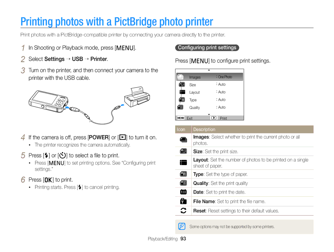 Samsung PL121, PL120 Printing photos with a PictBridge photo printer, Press m to conﬁgure print settings, Press o to print 