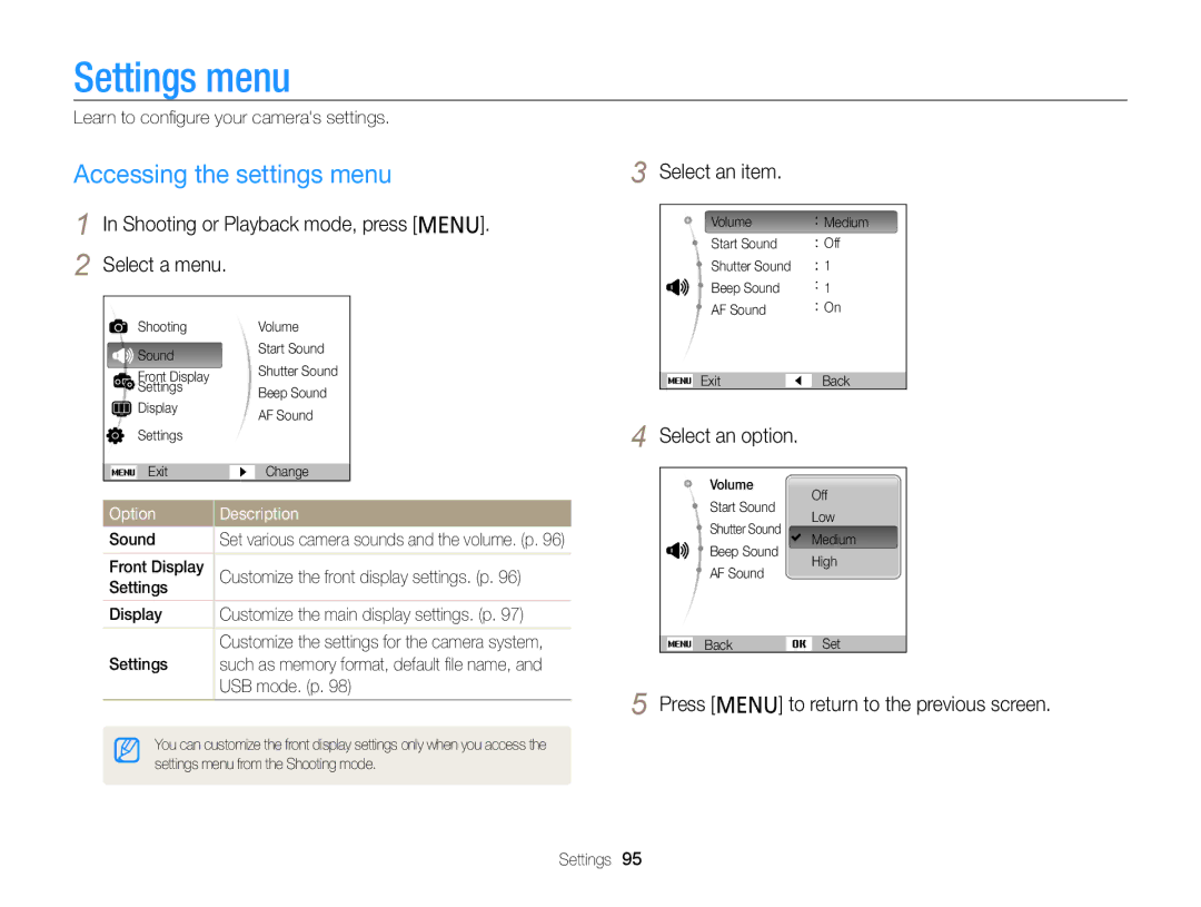 Samsung PL121 Settings menu, Accessing the settings menu, Shooting or Playback mode, press m Select a menu, Select an item 