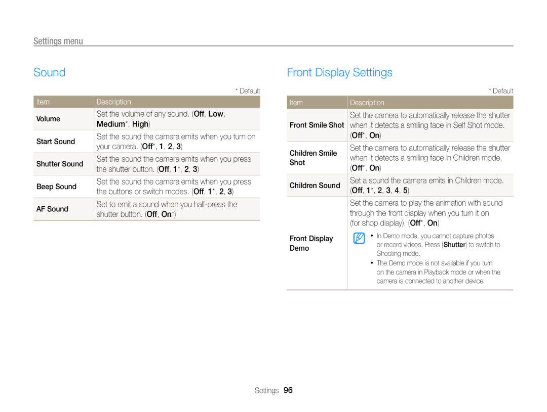 Samsung PL120, PL121 user manual Sound, Front Display Settings, Settings menu 