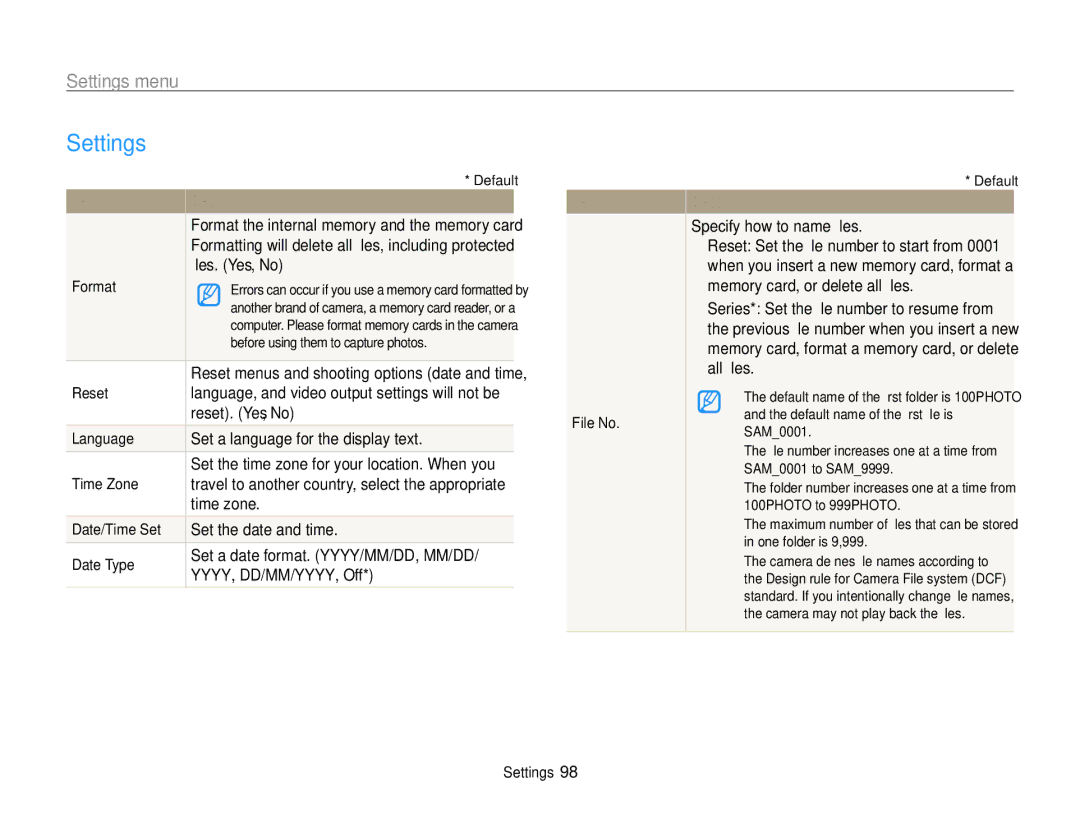 Samsung PL120, PL121 user manual Settings 