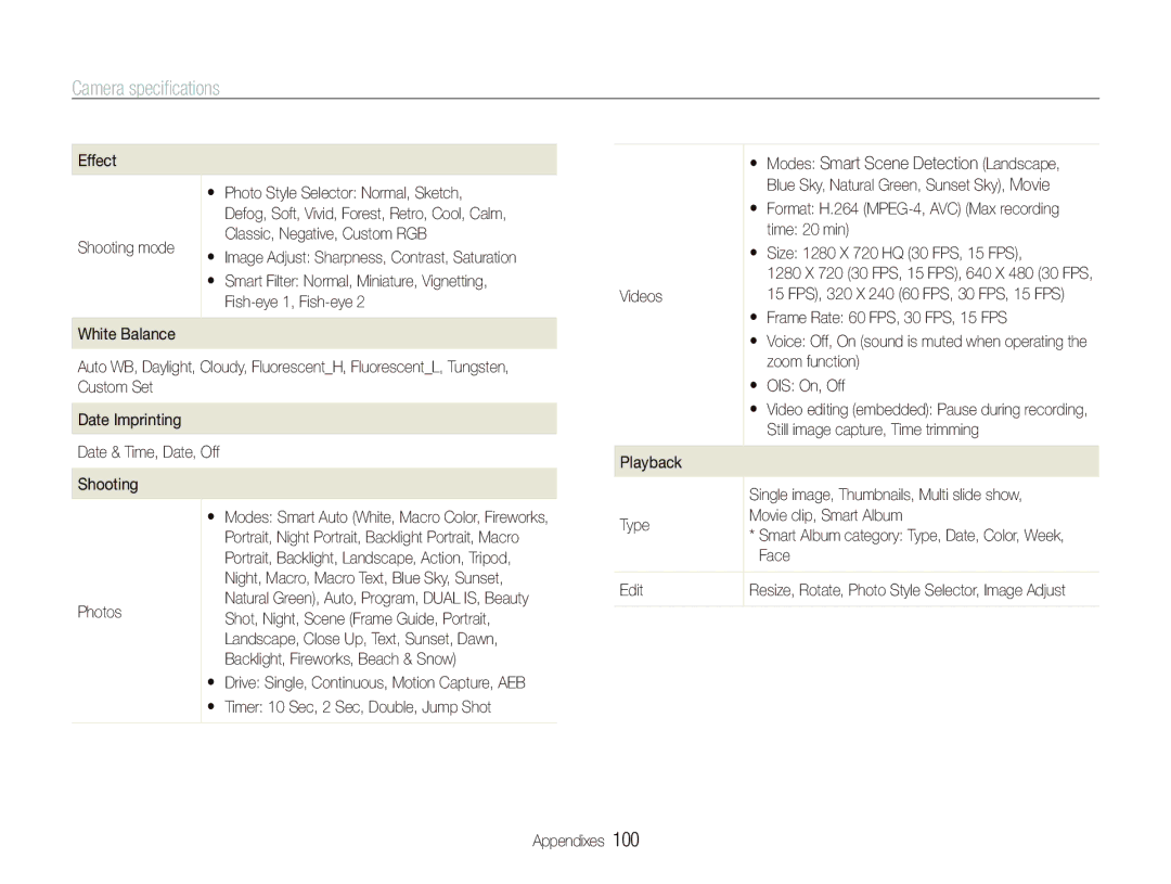 Samsung PL151, PL150 user manual Camera speciﬁcations 