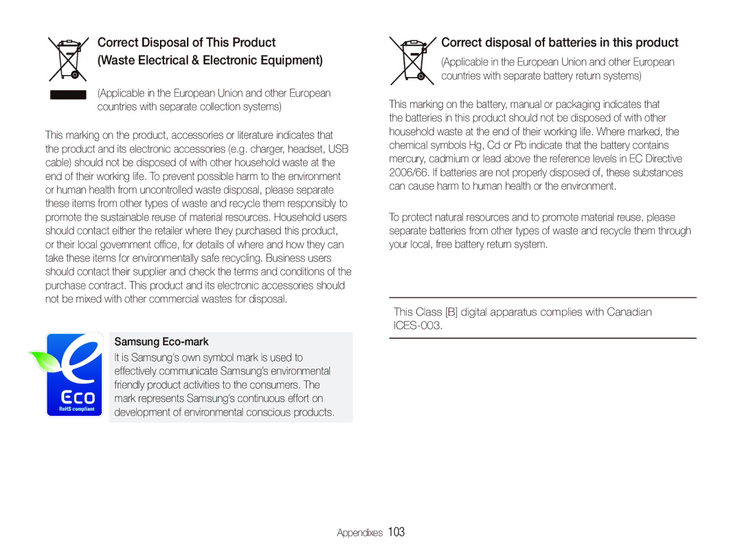 Samsung PL150, PL151 user manual Correct disposal of batteries in this product, Samsung Eco-mark 