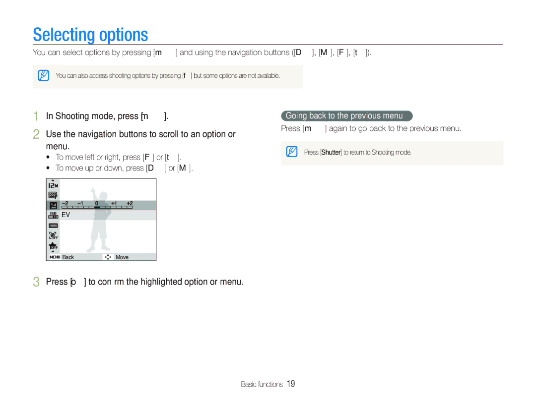 Samsung PL150, PL151 user manual Shooting mode, press m, Use the navigation buttons to scroll to an option or, Menu 