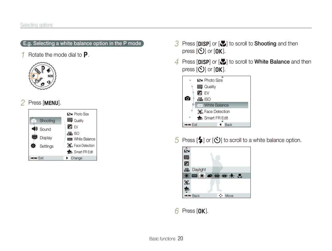 Samsung PL151 Selecting options, Rotate the mode dial to p Press m, Press F or t to scroll to a white balance option 