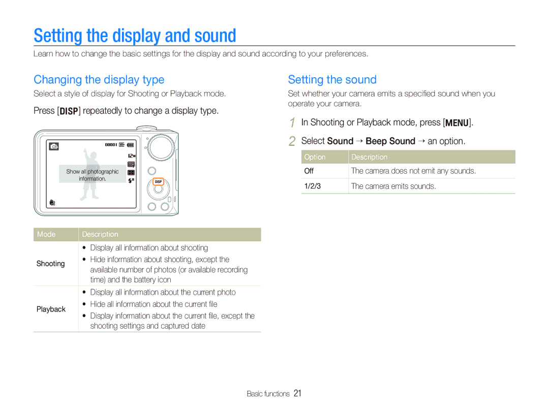 Samsung PL150, PL151 user manual Setting the display and sound, Changing the display type, Setting the sound 