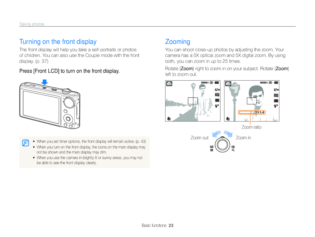 Samsung PL150, PL151 Turning on the front display, Zooming, Taking photos, Press Front LCD to turn on the front display 