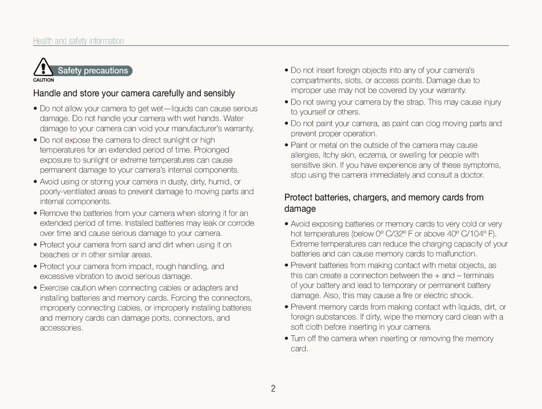 Samsung PL151 Health and safety information, Handle and store your camera carefully and sensibly, Safety precautions 