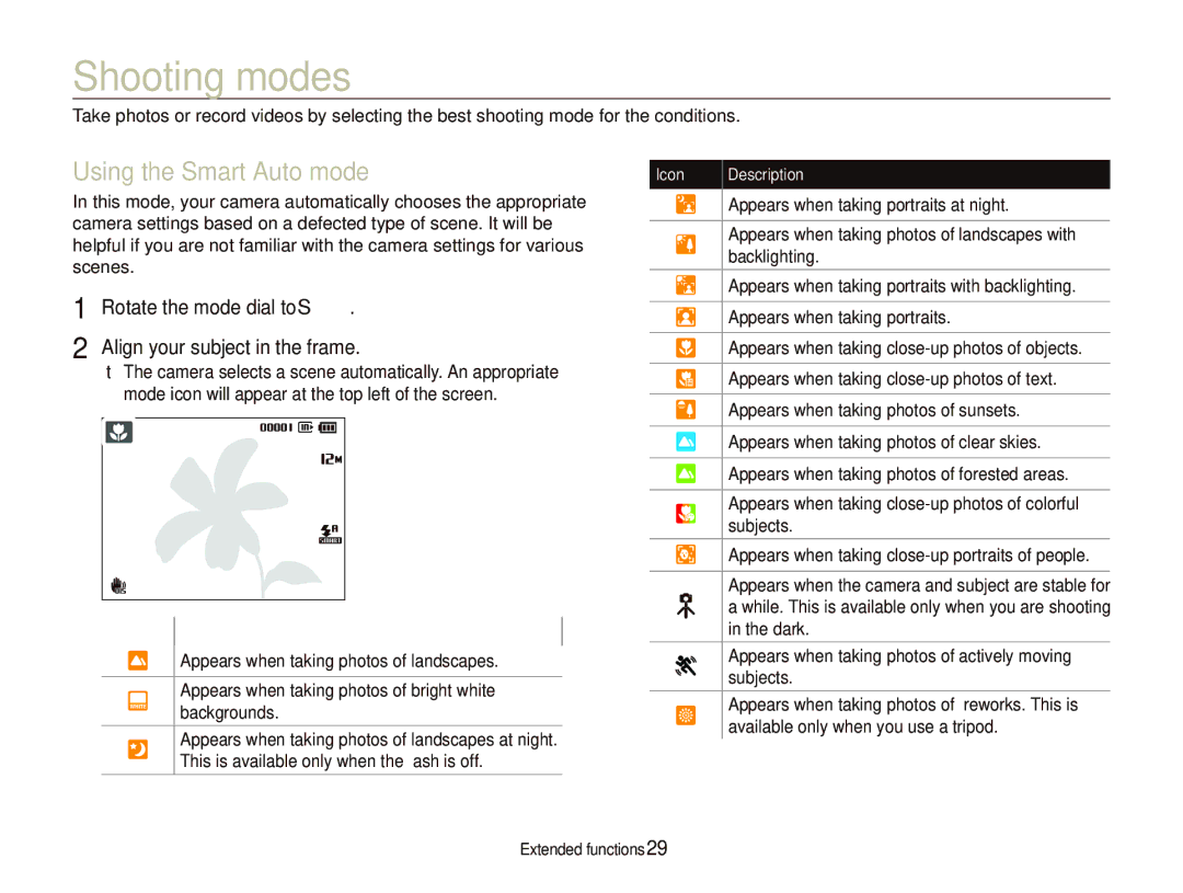 Samsung PL150, PL151 Shooting modes, Using the Smart Auto mode, Rotate the mode dial to S Align your subject in the frame 