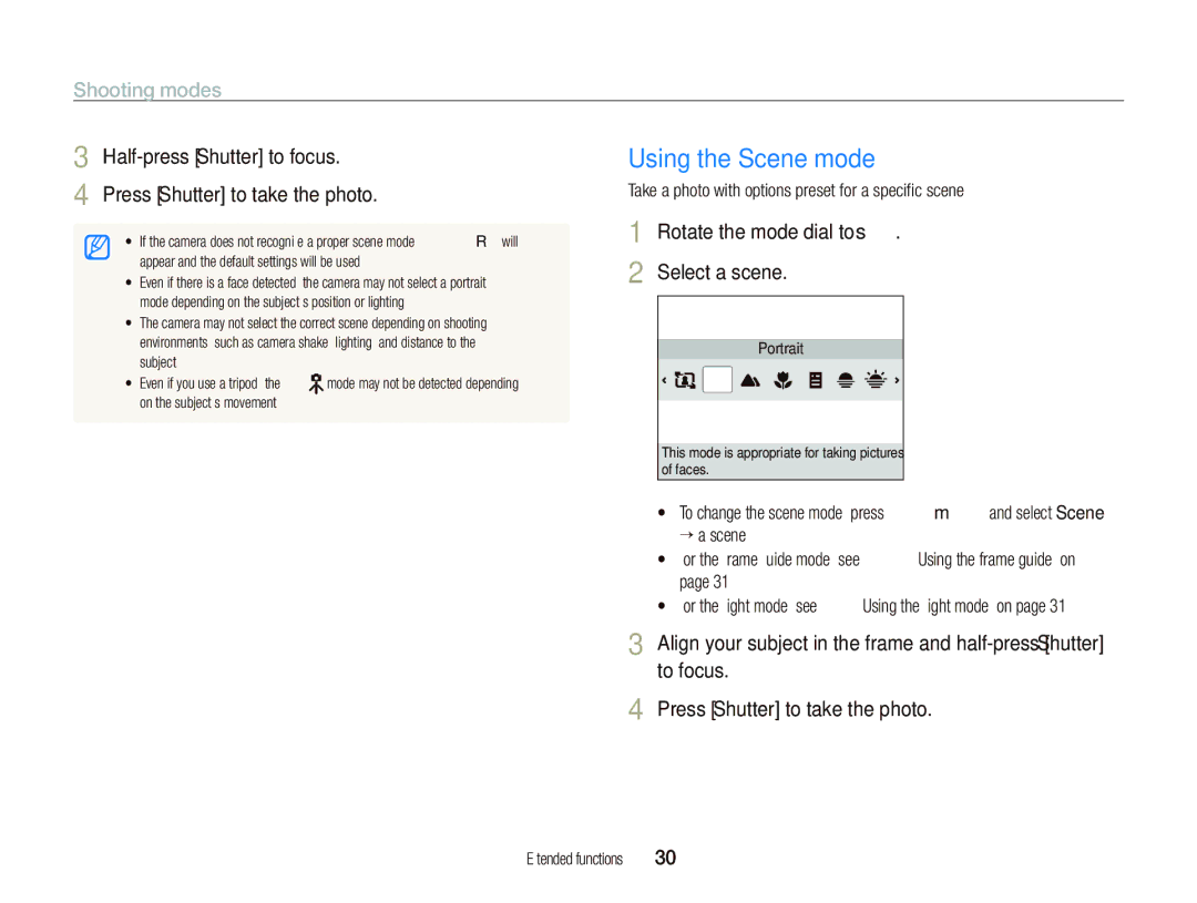 Samsung PL151, PL150 Using the Scene mode, Shooting modes, Half-press Shutter to focus Press Shutter to take the photo 