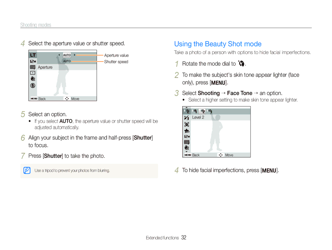 Samsung PL151, PL150 user manual Using the Beauty Shot mode, Select the aperture value or shutter speed, Select an option 