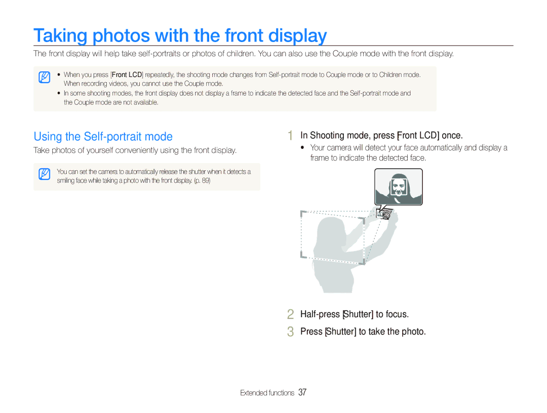 Samsung PL150 Taking photos with the front display, Using the Self-portrait mode, Shooting mode, press Front LCD once 