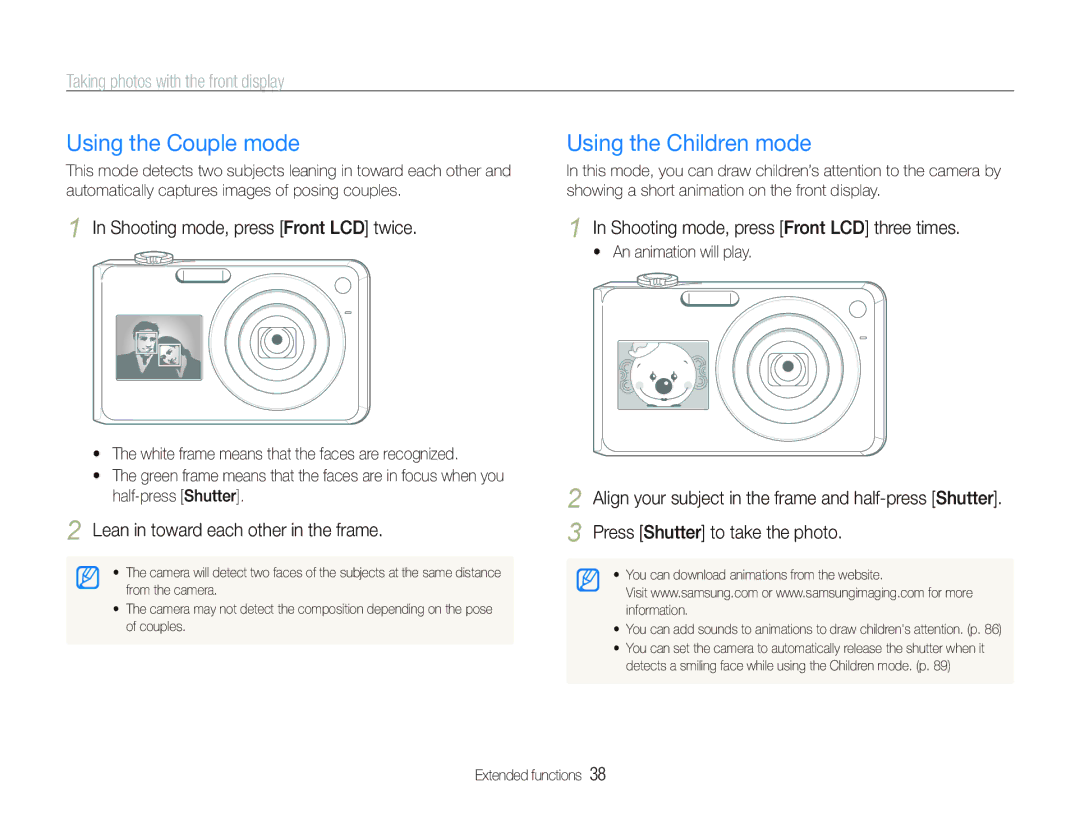 Samsung PL151, PL150 user manual Using the Couple mode, Using the Children mode, Taking photos with the front display 