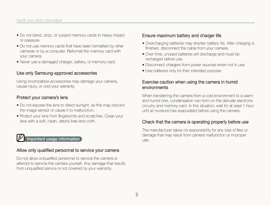 Samsung PL150 Ensure maximum battery and charger life, Use only Samsung-approved accessories, Protect your camera’s lens 