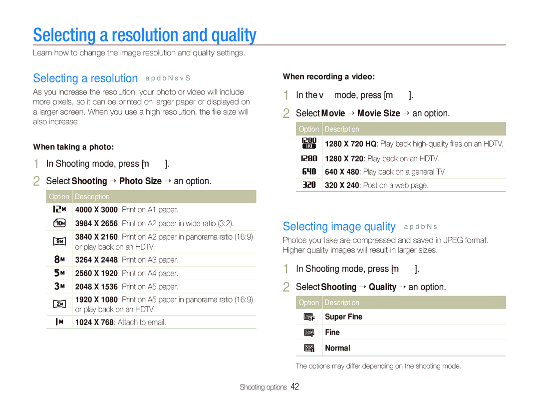 Samsung PL151, PL150 user manual Selecting a resolution and quality, Selecting a resolution a p d b N s v S, V mode, press m 