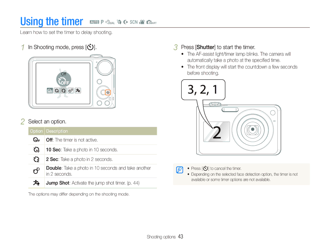 Samsung PL150, PL151 user manual Using the timer a p d b N s v S, Shooting mode, press t, Press Shutter to start the timer 