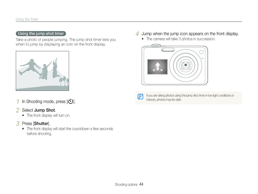 Samsung PL151, PL150 user manual Using the timer, Jump when the jump icon appears on the front display, Press Shutter 