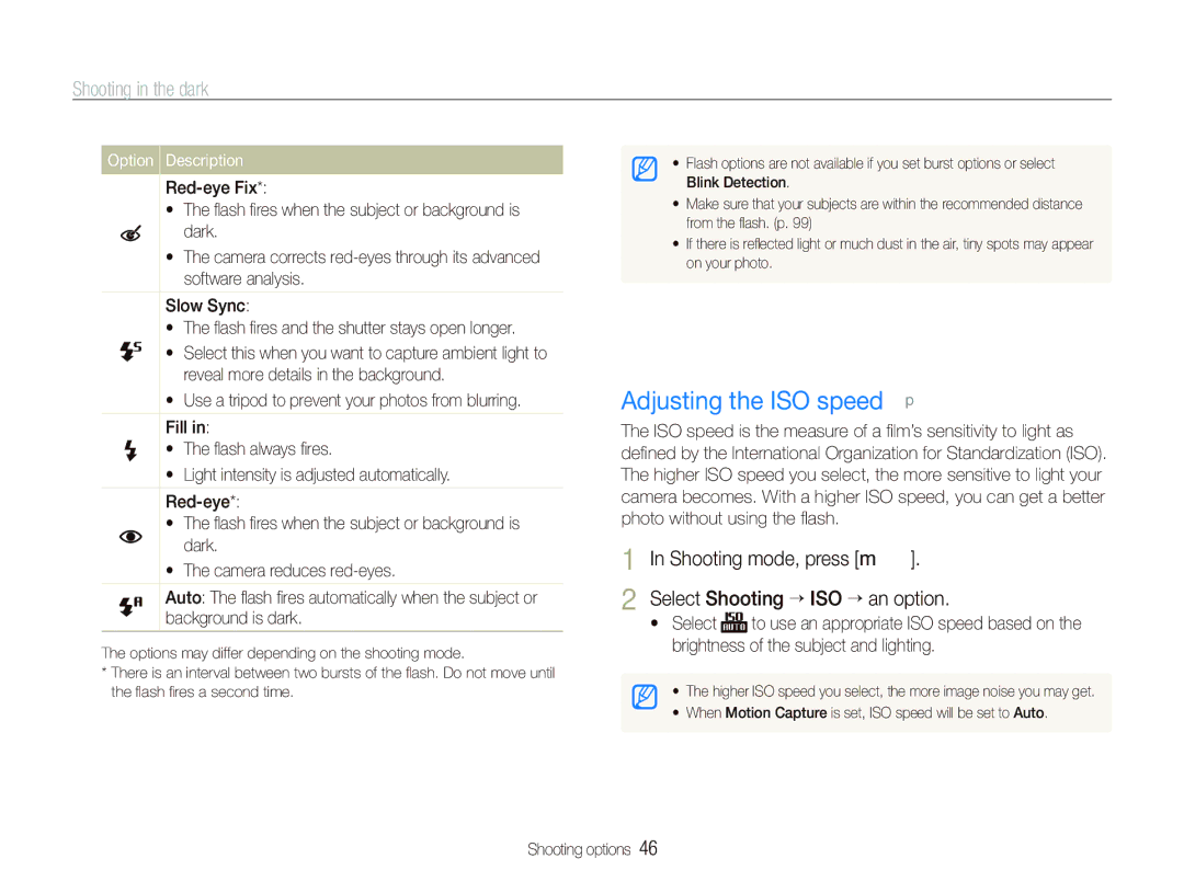 Samsung PL151 Adjusting the ISO speed p, Shooting in the dark, Shooting mode, press m Select Shooting “ ISO “ an option 