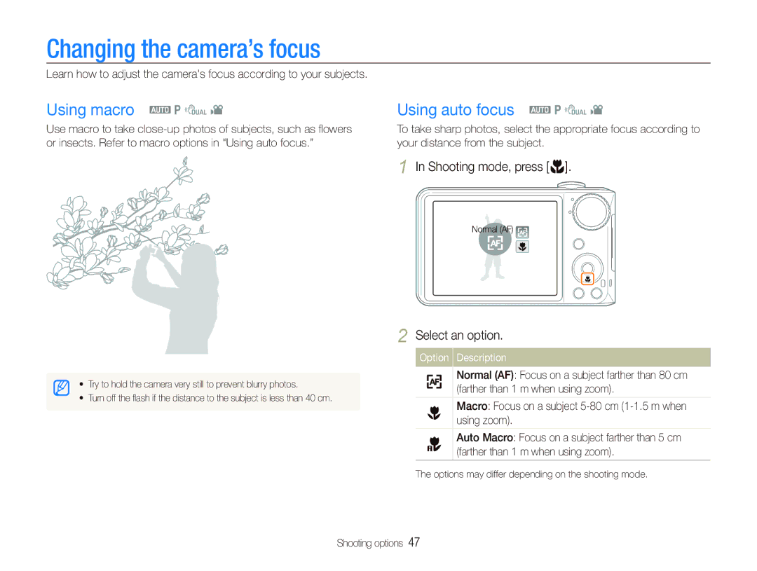 Samsung PL150, PL151 user manual Changing the camera’s focus, Using macro a p d, Using auto focus a p d 