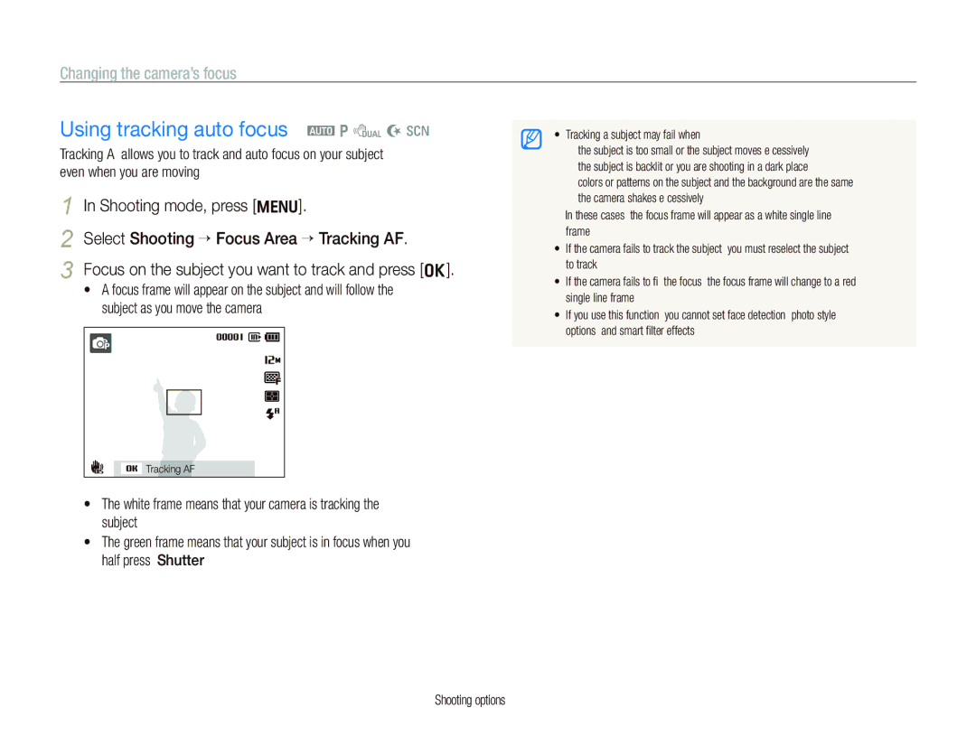 Samsung PL151, PL150 user manual Using tracking auto focus a p d N s, Changing the camera’s focus 