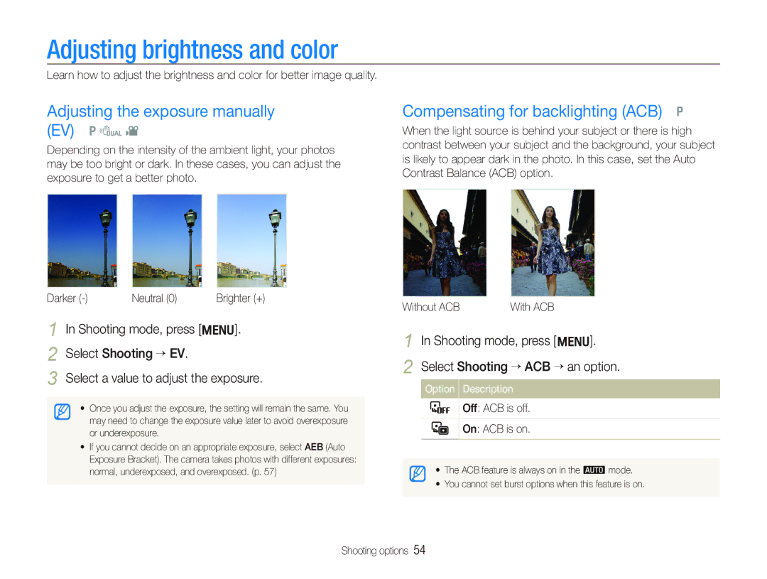 Samsung PL151 Adjusting brightness and color, Adjusting the exposure manually EV p d, Compensating for backlighting ACB p 