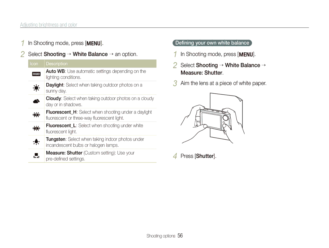 Samsung PL151, PL150 user manual Deﬁning your own white balance, Icon Description 