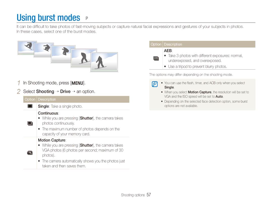 Samsung PL150, PL151 user manual Using burst modes p, Select Shooting → Drive → an option 