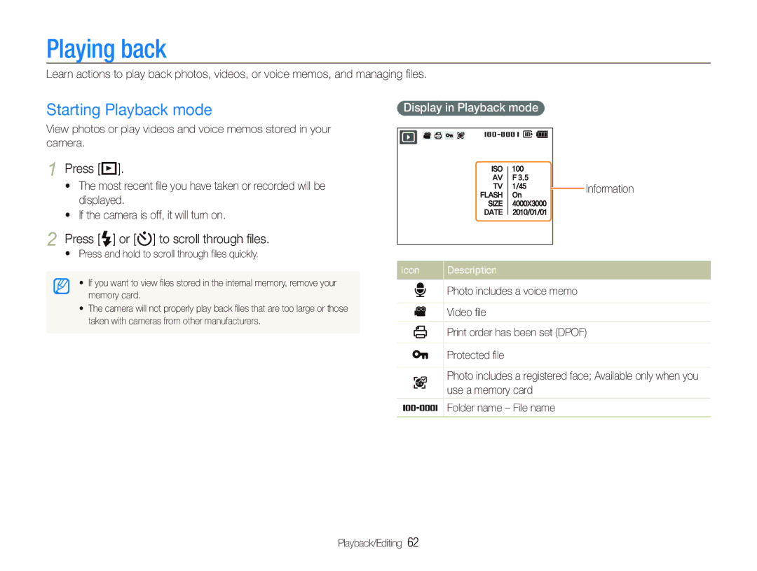 Samsung PL151 Playing back, Starting Playback mode, Press P, Press F or t to scroll through ﬁles, Display in Playback mode 