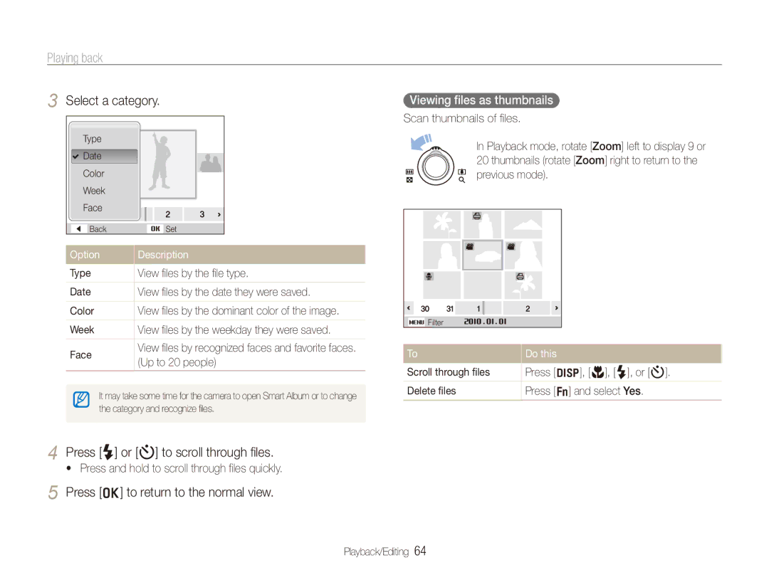 Samsung PL151 Press F or t to scroll through files, Press o to return to the normal view, Viewing files as thumbnails 