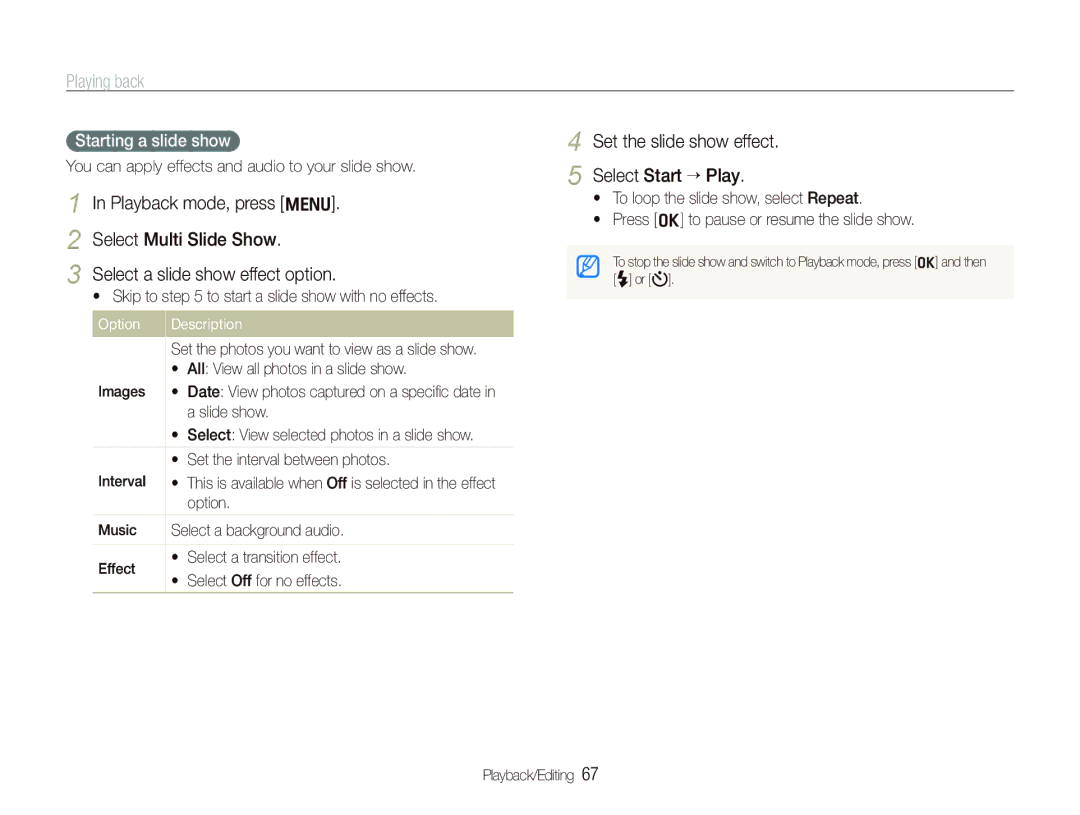 Samsung PL150, PL151 user manual Set the slide show effect Select Start ““Play, Starting a slide show 